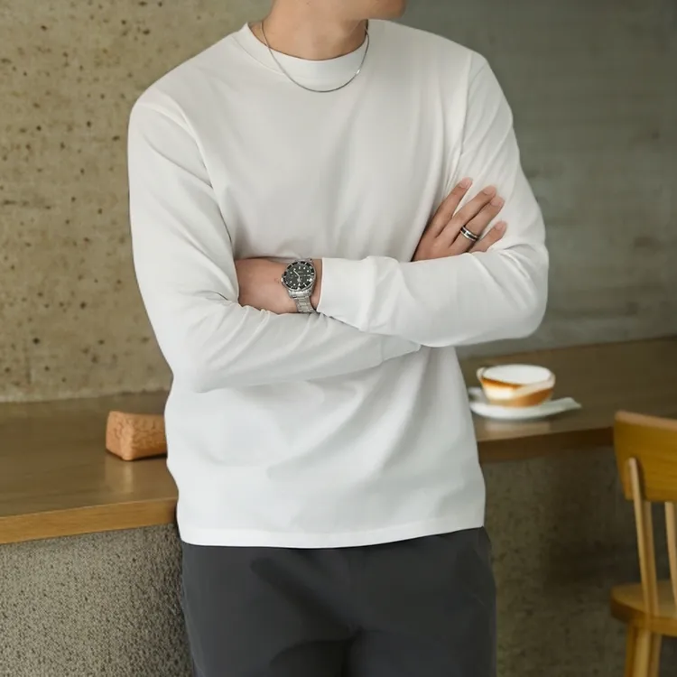 螺纹袖口加厚重磅长袖t恤男纯棉厚实纯色白色春秋卫衣圆领打底衫