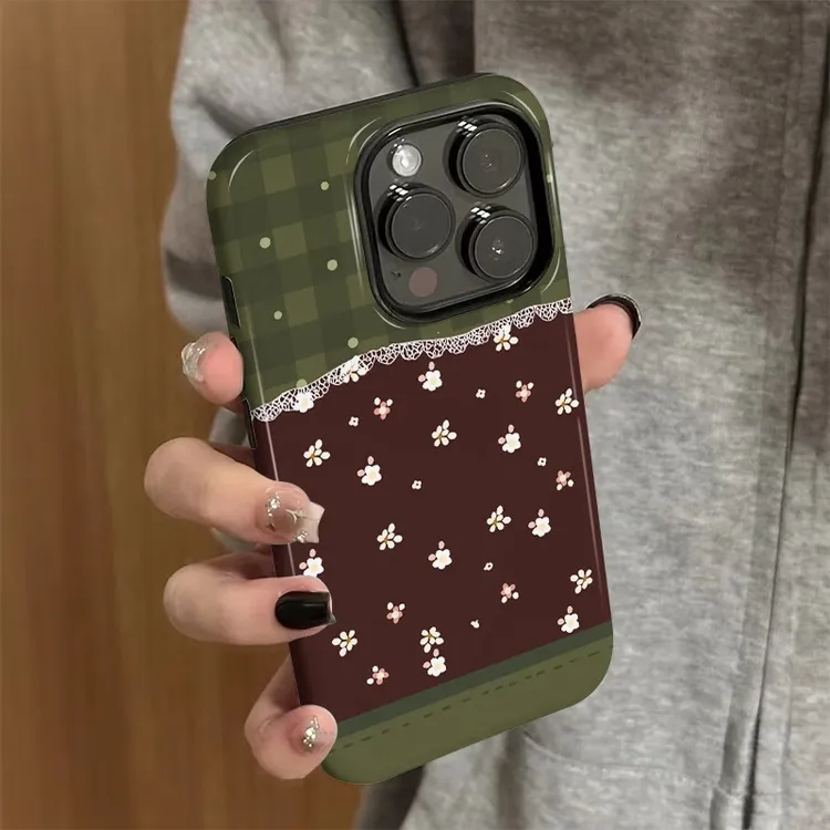 格子碎花适用苹果16promax手机壳华为70磨砂创意小米15菲林二合一