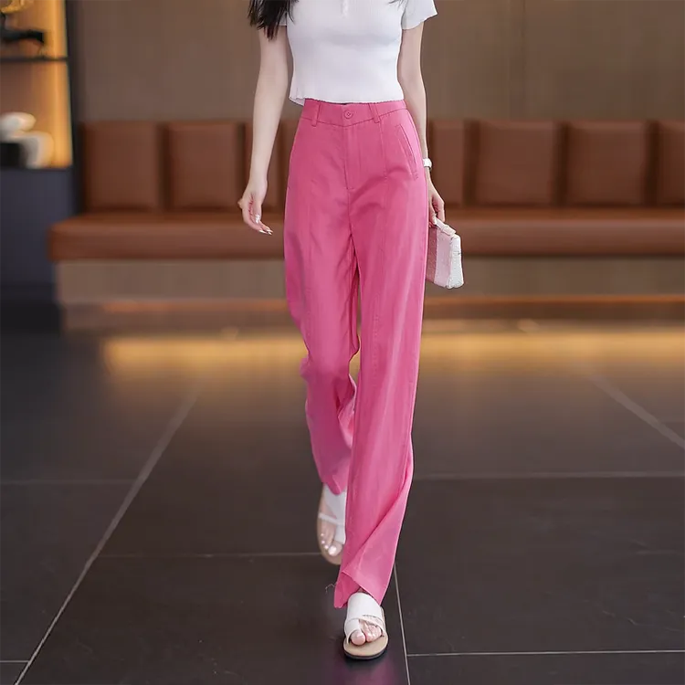 玫红色莱赛尔天丝亚麻阔腿裤女2025夏季薄款高腰宽松显瘦直筒裤子