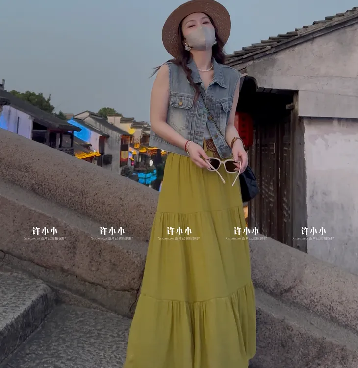 许小小夏季新款棉麻拼接A字裙 夏季高腰透气显瘦仙女裙 5056