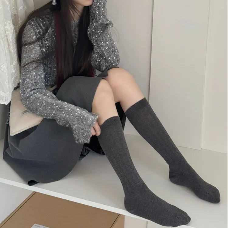 韩系奶白色小腿袜秋冬miu风坑条长筒袜简约搭靴子堆堆袜小腿袜