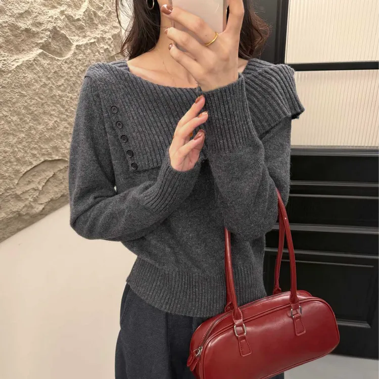 2025秋冬款百搭气质长袖一字肩2025年设计感时尚针织上衣女W2-29