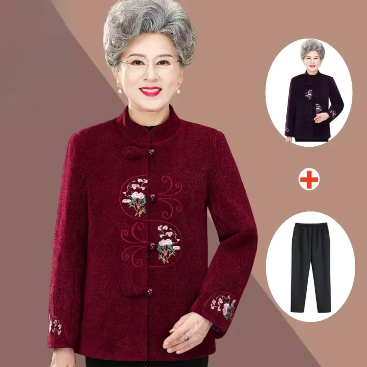 中老年人秋装女奶奶加绒毛呢外套妈妈春秋唐装上衣婆婆老衣服洋气