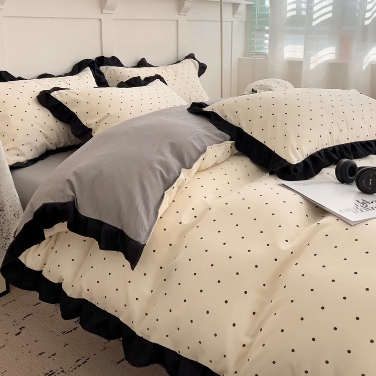 A类法式ins赫本风黑色花边水洗棉3件套宿舍床单床笠枕套亲肤透气