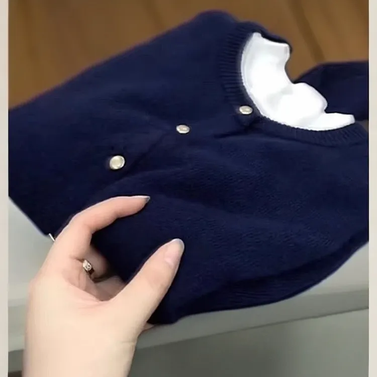 欧货高级感超好看藏青色针织开衫上衣女早春新款软糯慵懒风上衣