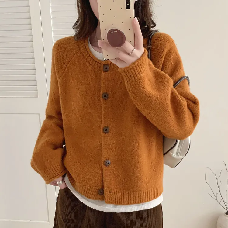 插肩袖复古卷边毛衣外套女宽松韩版显瘦保暖圆领冬季加厚针织开衫