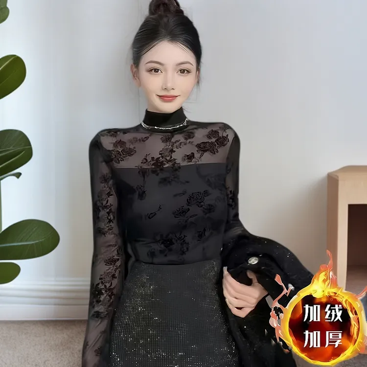 半高领微透女士秋冬打底衫2025新款高级感t恤法式蕾丝衫黑色上衣
