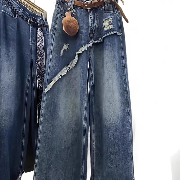 假两件牛仔裤女设计感2025秋季新款显瘦毛边宽松阔腿高腰阔腿裤