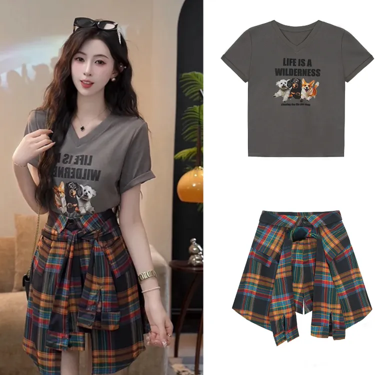 【角落的猫】复古短袖T恤上衣+格子半身裙两件套韩版时尚显瘦设计感