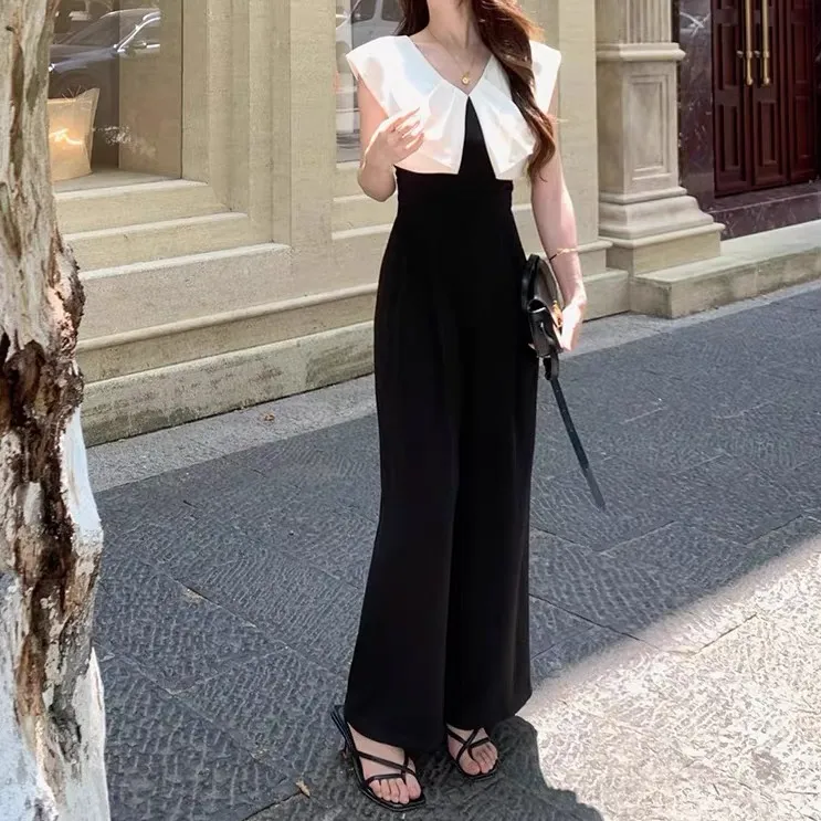 法式气质高级纯色黑白拼色连体裤女夏季复古设计感收腰裤子阔腿