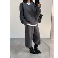 慵懒风气质显瘦V领毛针织衫七分裤网红休闲宽松上衣阔腿裤两件套