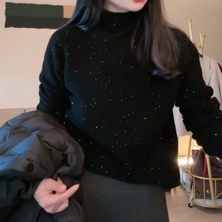 冬季百搭气质时尚韩系显瘦保暖半高领亮片套头针织衫LK2508356