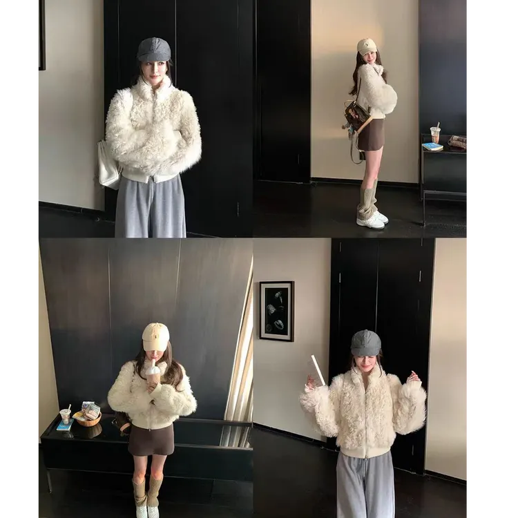 2025新款休闲常规款拉链大袖老钱风毛毛外套