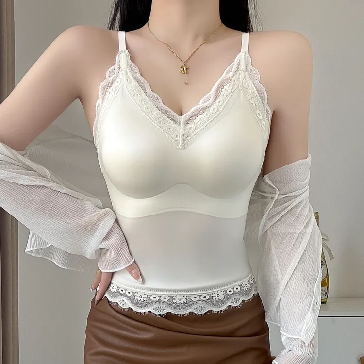 女士夏季法式轻奢缎面睫毛蕾丝背心吊带性感V领带胸垫内搭美背