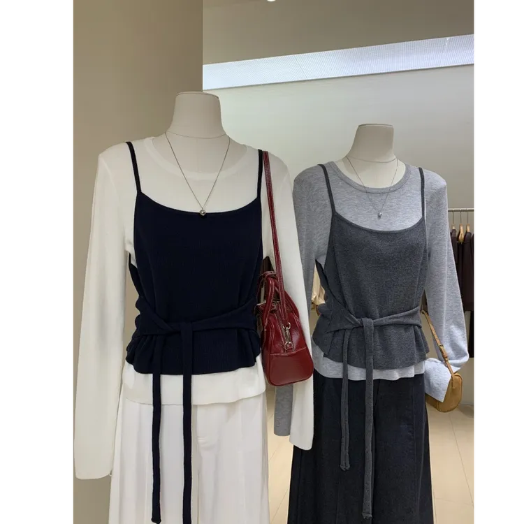 韩版秋装巨显瘦绑带收腰时髦假两件撞色针织衫女短款修身小众长袖