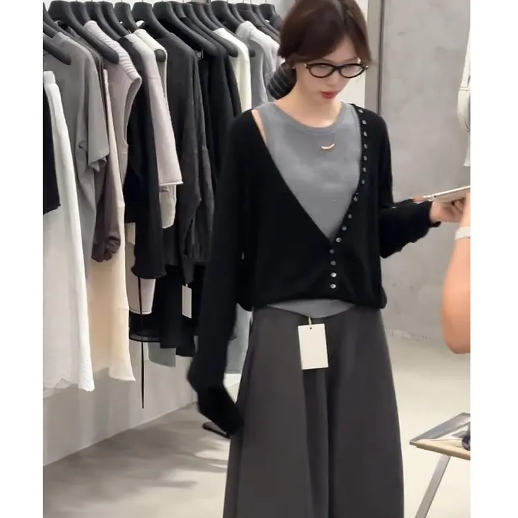 设计感小众撞色针织上衣女早秋季今年流行宽松短款毛衣背心两件套