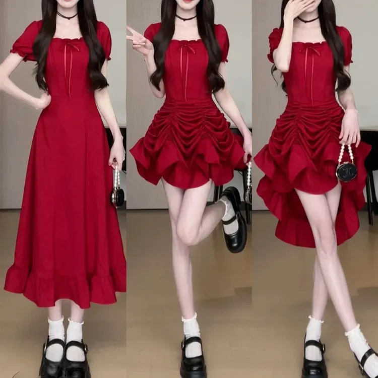 松本丧丧红色方领纯色夏季长裙法式气质感收腰显瘦连衣裙百变裙