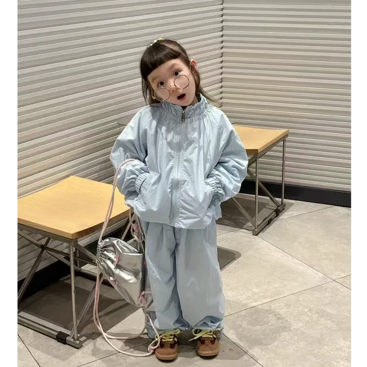 小惜亦女童韩版休闲套装2025春季新款拉链外套蓝色慵懒风两件套