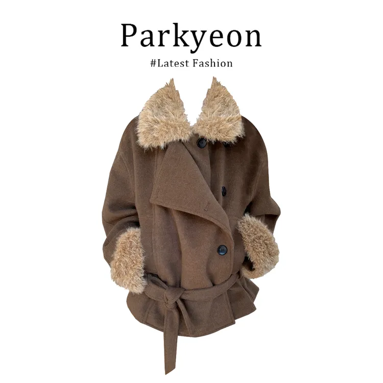 INS CEC高级感韩系毛领加厚毛呢外套女秋冬季慵懒风宽松系带大衣