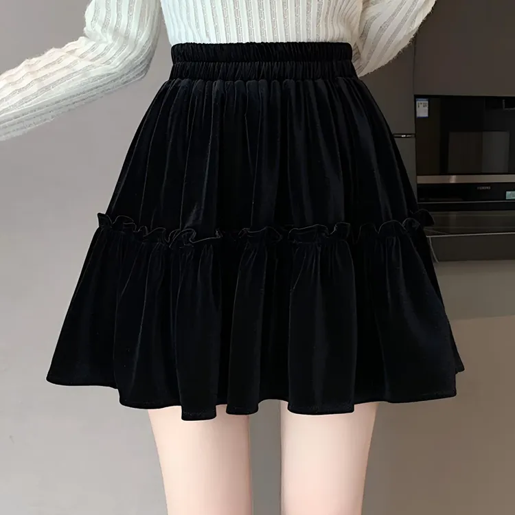 2025秋冬季新款木耳边丝绒半身裙女松紧腰a字裙高腰百褶裙短裙子