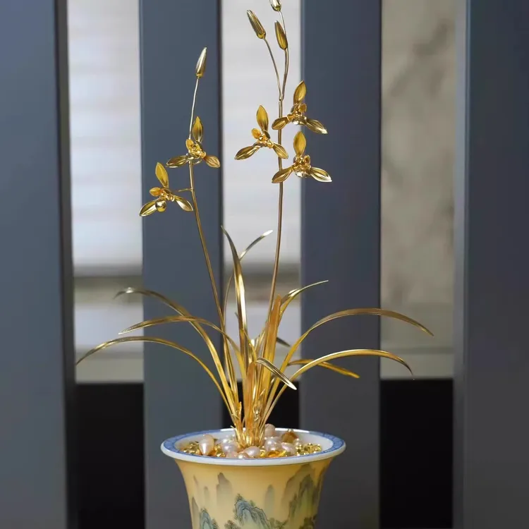 文房清供兰花摆件花中君子兰花摆件黄金色假花办公室桌面装饰摆件