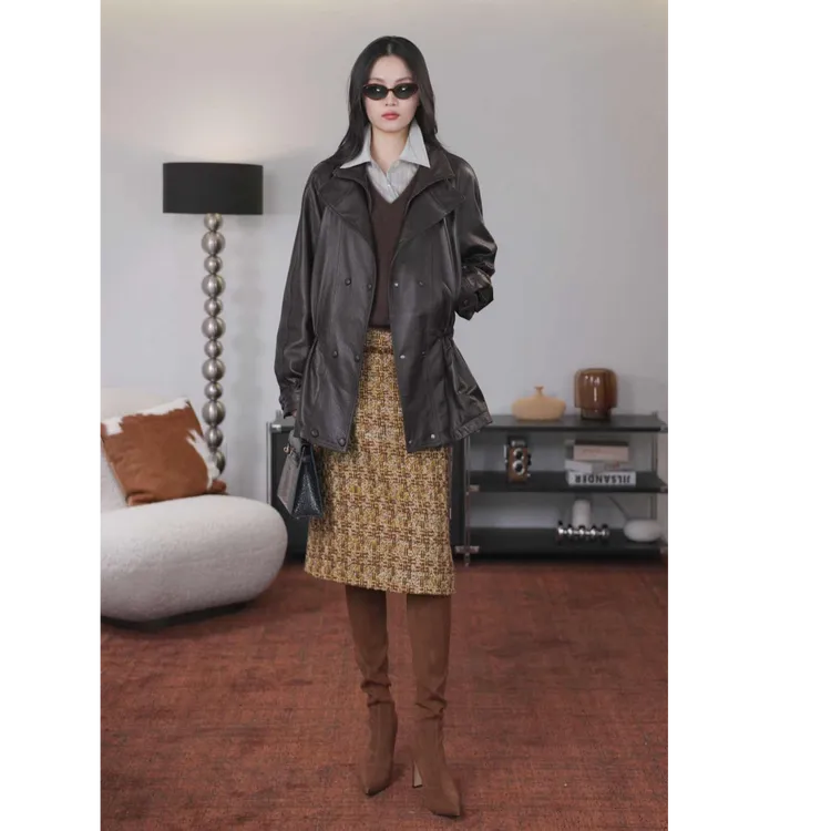 LYNEE【午后红茶】粗花呢小香风半裙女开叉直筒半身裙LGD2FAW217