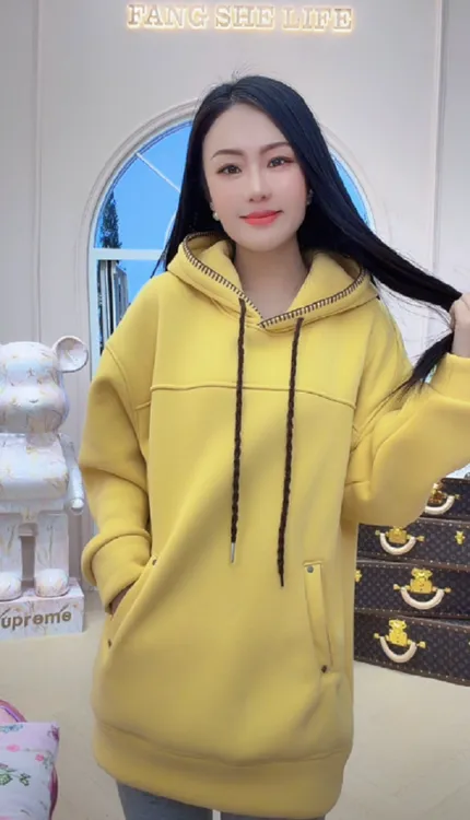 【芳芳私服】冬季新款美式复古懒风中长款宽松连帽加绒卫衣 2706