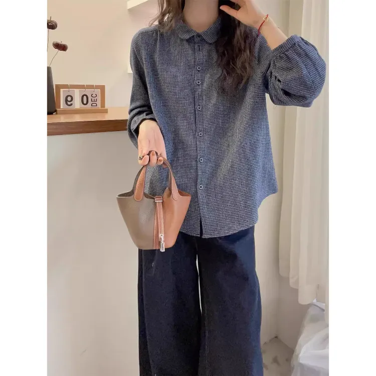 欧货小格子长袖衬衫女2025春季新款文艺复古翻领灯笼袖开衫衬衣