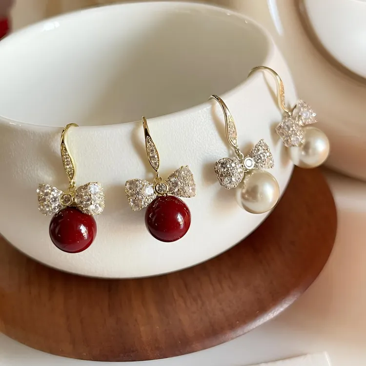 合金珐琅耳饰 甜酷轻奢风的蝴蝶结红珠耳钩女耳环饰品网红耳扣