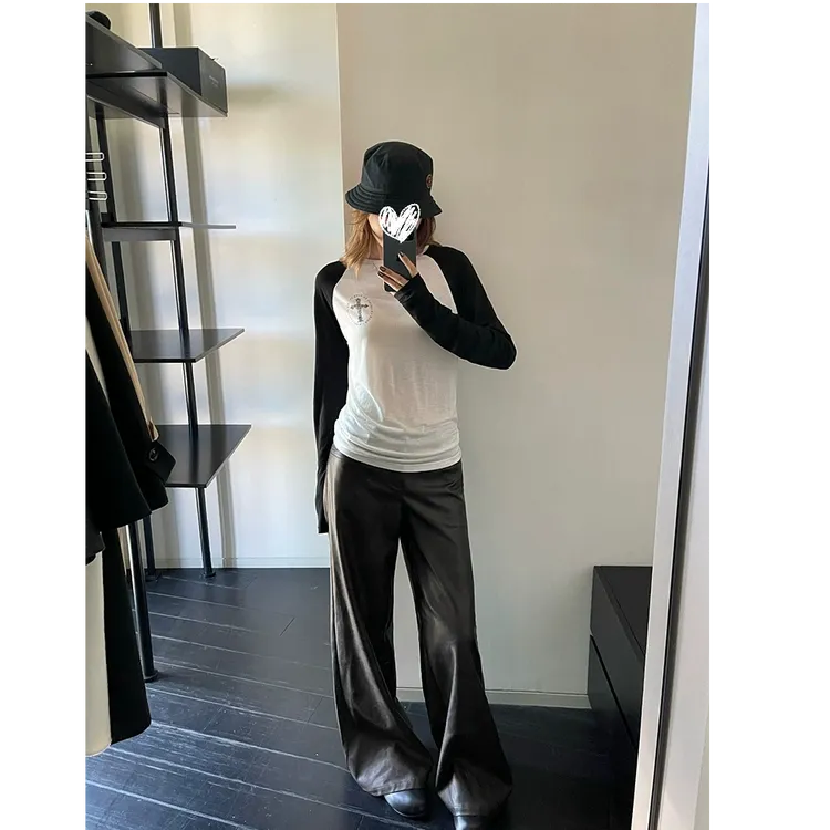 【校校专属】撞色圆领长袖T恤女印花打底衫上衣#Y8600