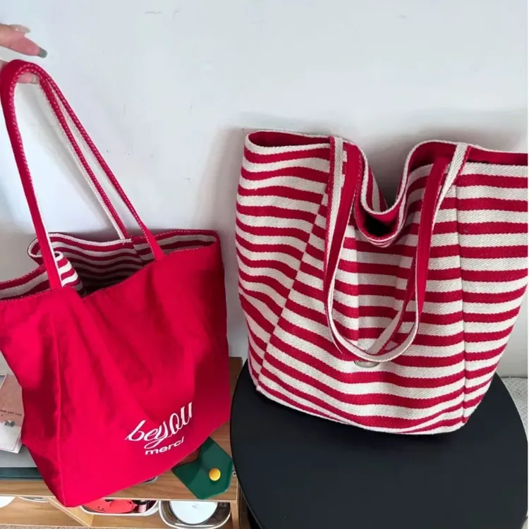 韩系ins双面背条纹字母刺绣单肩帆布包女通勤慵懒风大容量托特包