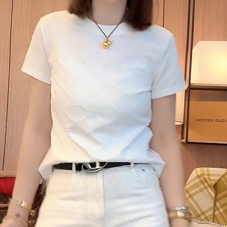 设计感菱格纹圆领短袖T恤女2025夏季新款韩版简约休闲纯色上衣潮