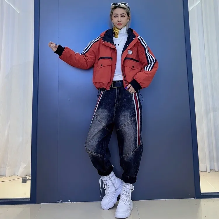 冬款气质休闲宽松拼接夹棉外套-潮流复古休闲拼接洋气加绒牛仔裤