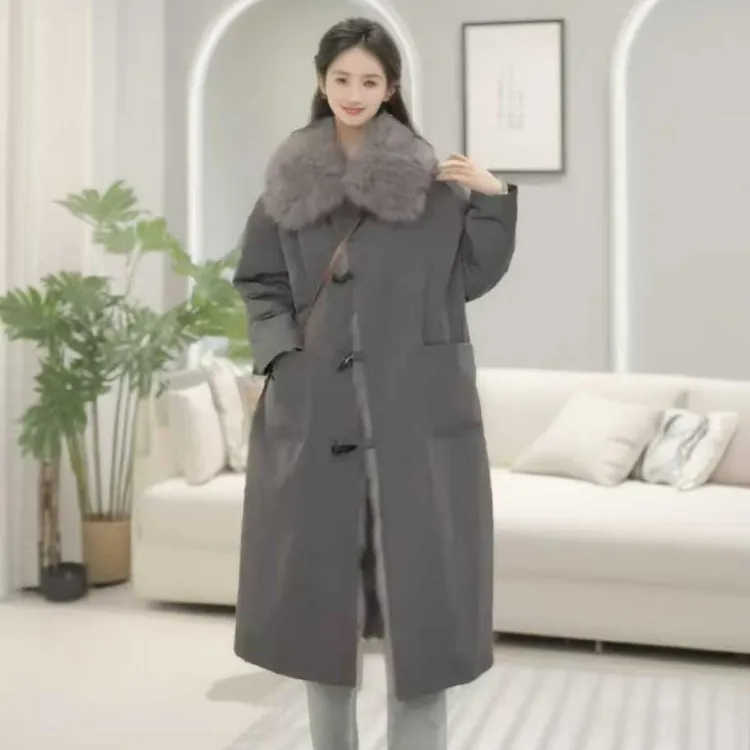 羽绒服长款宽松型西装领女加厚设计师冬季网红休闲保暖大毛领