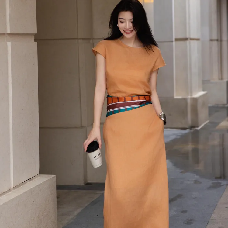 设计感小众时髦洋气短袖上衣套装女夏季新款丝巾绑带半身裙两件套