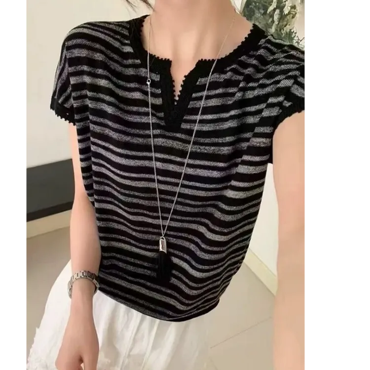 莱赛尔天丝欧货复古条纹针织衫女新款夏季时髦高级感独特上衣薄款