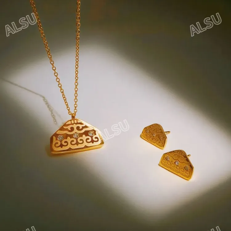 合金项链 ALSU原创新款民族风经典小毡房两件套（锁骨链+耳钉）时尚