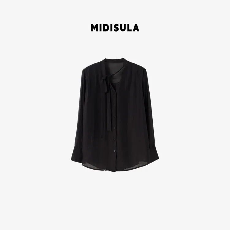 MDSL·新款时尚洋气简约薄垫肩飘带衬衫#01939