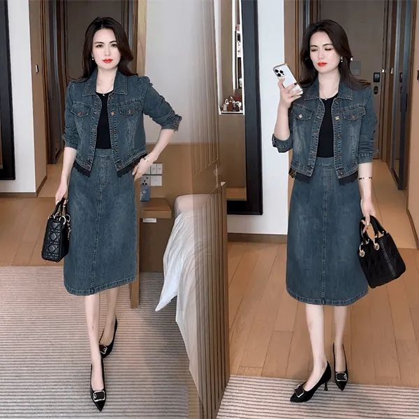 极简风时尚牛仔套装女2025秋季新款小个子穿搭收腰显瘦洋气套装裙