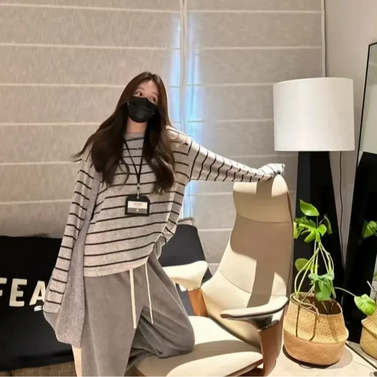 韩版条纹长袖时尚休闲百搭宽松显瘦秋季网红夏季圆领针织气质2025