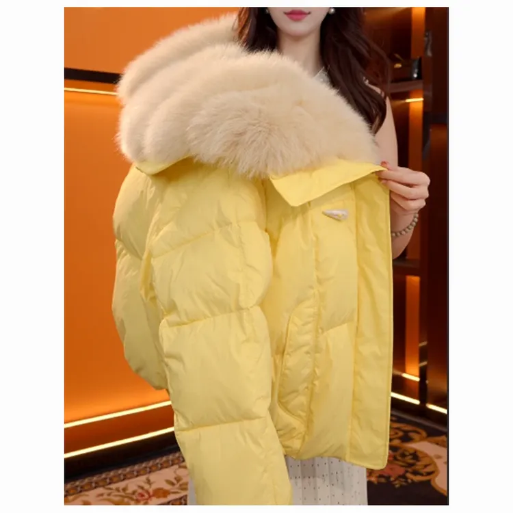韩版设计感黄色短款上衣翻领面包服女冬季新款宽松加厚棉服外套