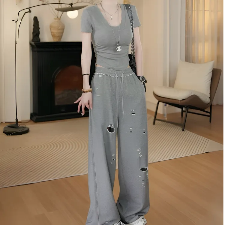 2025夏季镂空蕾丝拼接短袖T恤显瘦上衣百搭破洞阔腿裤休闲套装女