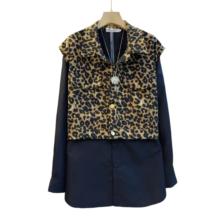 美式豹纹拼接设计立领衬衫假两件T恤上衣（长72左右）