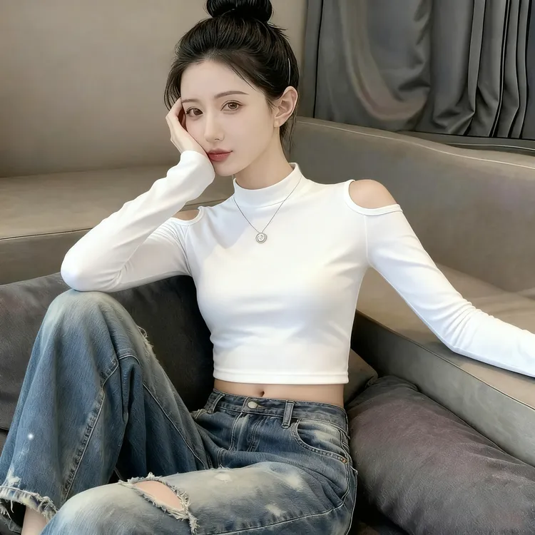 早秋小高领chic独特别致露肩上衣ins设计小众打底衫春秋短款长袖