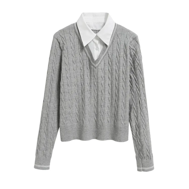 2025秋冬新款衬衣拼接假两件针织套头衫女麻花修身内搭上衣潮