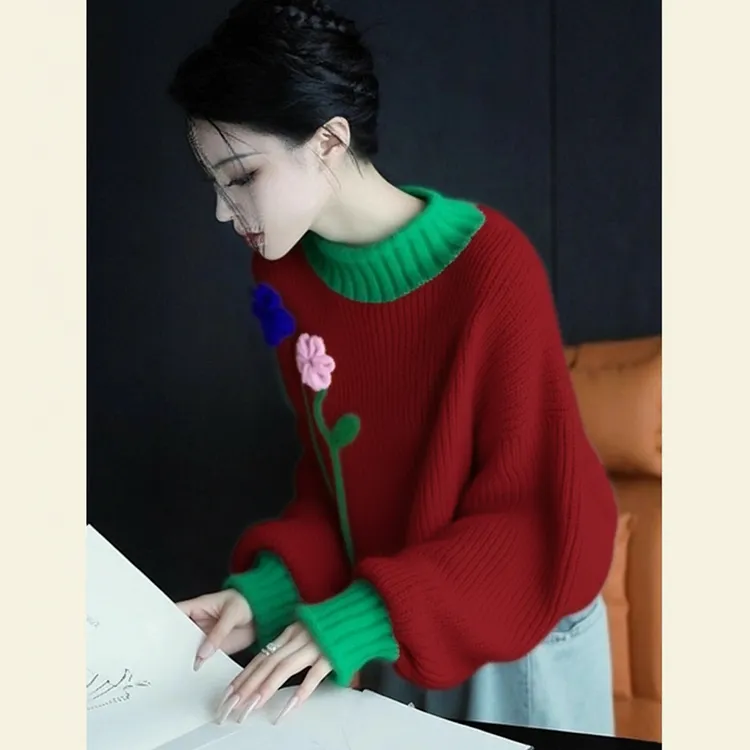 今年流行漂亮多巴胺洋气减龄毛衣慵懒风高级感酒红色拼色针织衫冬
