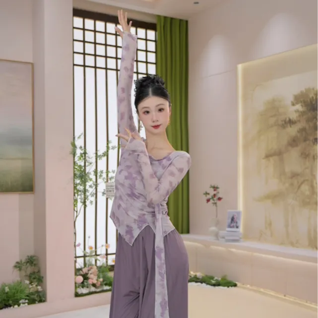 061【清仓】水纱晕染印花褶皱舞蹈服秋冬练功服形体服上衣跳舞服