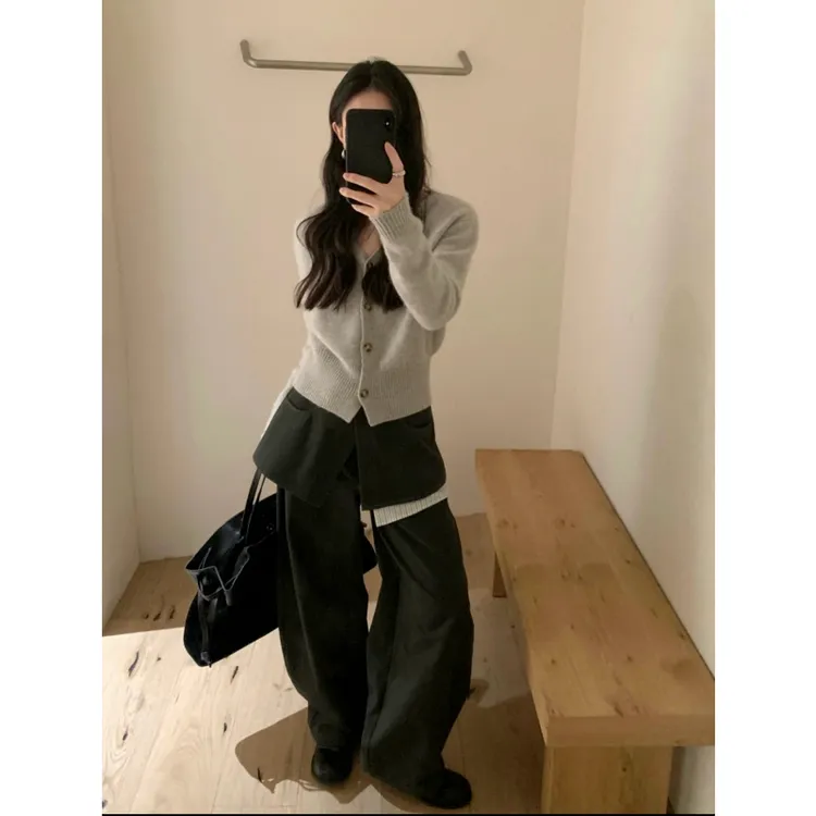 灰色v领针织衫开衫女秋冬复古软糯慵懒风长袖毛衣外套休闲阔腿裤