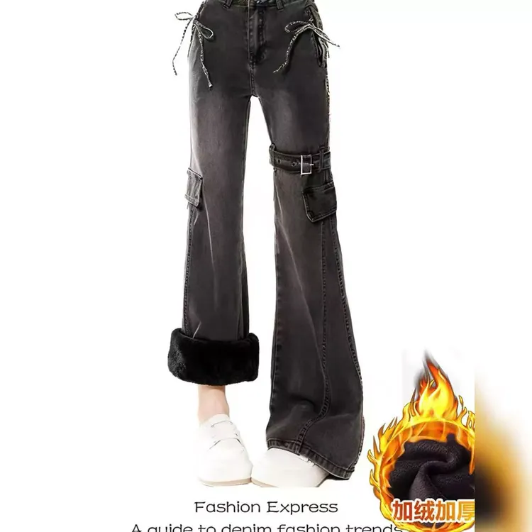 300斤PLY-美式复古辣妹工装窄腿喇叭牛仔裤5562