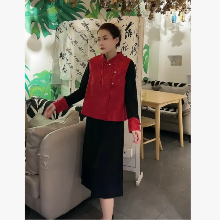  【彤彤家】9391#国风盘扣马甲+拼接袖连衣裙 两件套W/884